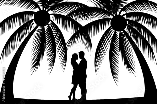 Romantic Couple Silhouette Standing Under Tropical Palm Trees Beach Scene Vector Illustration