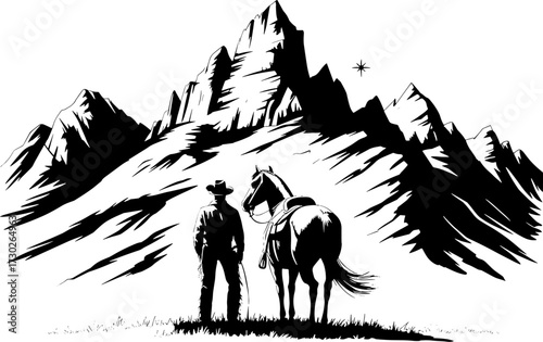 Cowboy Standing with Saddled Horse Looking at Rugged Mountain Landscape Western Scene for Tattoo Design