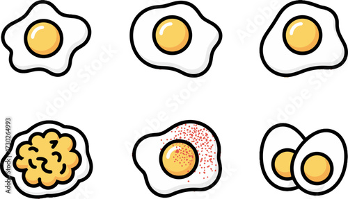 Fried Eggs and Boiled Eggs Set with Pepper Seasoning Simple Breakfast Food Vector Illustration for Cooking Design