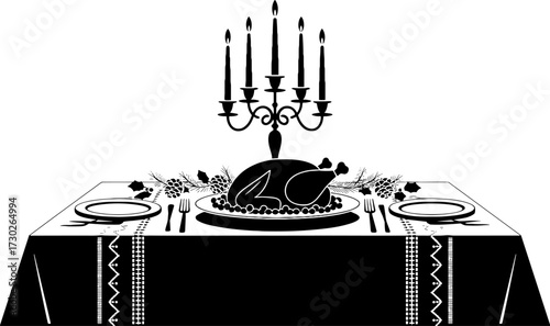 Elegant Thanksgiving Dinner Setting with Roasted Turkey and Candles