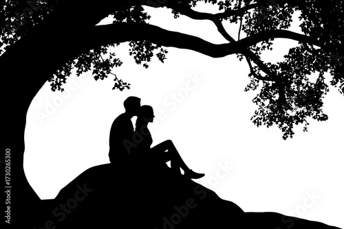 Silhouette of Couple Sitting Under Tree Embracing Romantic Love