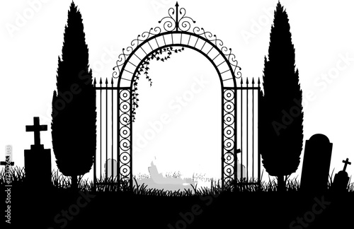 Spooky Gothic Cemetery Gate with Silhouettes of Headstones