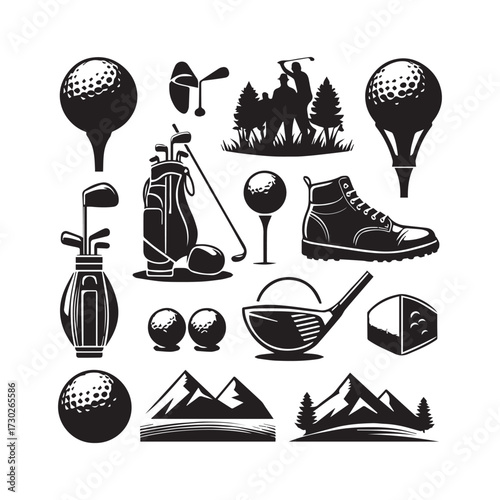 Assortment of black and white golf icons and silhouettes depicting equipment and scenic elements on a white background Keywords: golf, sport, equipment, icon, illustration, golf ball, golf club