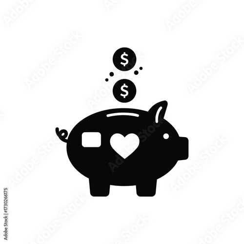 A black piggy bank with a heart and two coins falling in representing saving and financial security concept silhouette