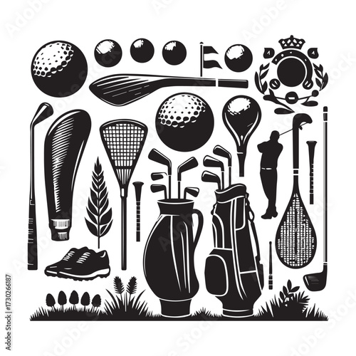 Assortment of Golf and Tennis Equipment with a Golfer Silhouette and a Crest Emblem Keywords: golf, tennis, sport, equipment, club, ball, bag, tee, shoes, racket, silhouette, golfer, tennis player