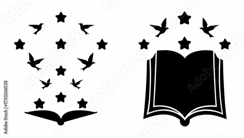 Open book inspires imagination with soaring birds and stars, perfect for education, literature, and creative freedom projects, originally scalable design