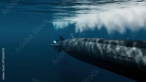 Submarine underwater in deep blue ocean, military vessel, navy warship, undersea boat, marine technology.