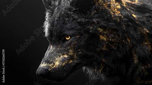 Detailed digital graphic of a wolf's head, contrasted with dark tones and golden highlights, highlighting its powerful features.