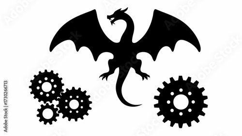 Dramatic dragon with mechanical gear accents, perfect for fantasy games, steampunk designs, or innovative logo concepts that need a bold, scalable style