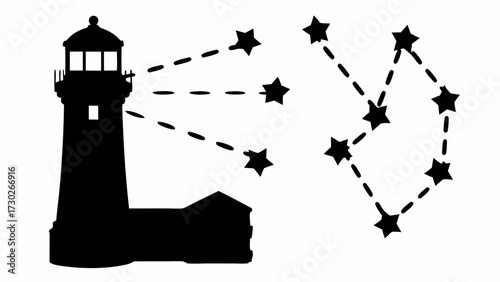 Guiding light lighthouse shining to stars, a nautical beacon illuminating the night sky, reaching for celestial wonders with navigation and dreams under the stars