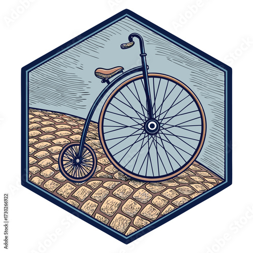A vintage penny-farthing bicycle rides on a cobblestone street.