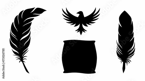 Elegant black silhouette design elements featuring a soaring eagle, a quilled feather, and a textured bag, perfect for branding and artistic projects.