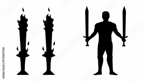 Powerful warrior silhouette guarding sacred flames with swords, embodying strength, courage, and ancient traditions in a dramatic fantasy illustration