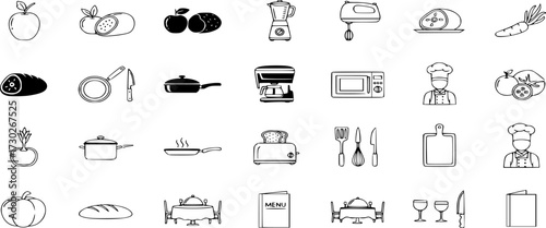 Kitchen and cooking icon set. food, kitchen tools, cooking utensils, chef, and restaurant icons outline and solid vector illustration