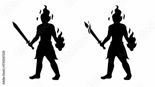 Powerful warrior silhouette with flaming head and sword ready for epic battle, embodying strength and courage in fantasy adventures.
