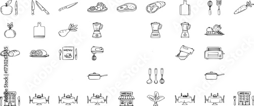 Kitchen and cooking icon set. food, kitchen tools, cooking utensils, chef, and restaurant icons outline and solid vector illustration