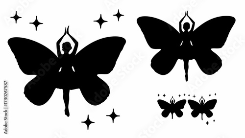 Graceful silhouette of a dancer with butterfly wings takes flight amidst sparkling stars, embodying freedom and transformation.