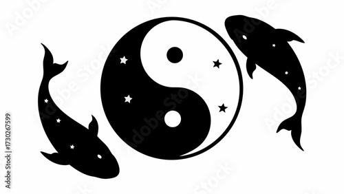 Elegant yin yang symbol with stylized dolphins and stars, perfect for spiritual designs, tattoo art, and harmonious balance concepts in modern minimalist style