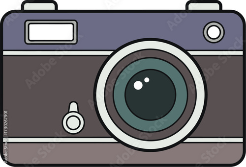 Illustration of a vintage-style camera with a prominent lens and flash, rendered in a flat, cartoonish design.