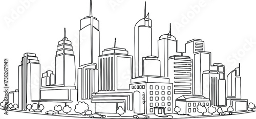A line drawing of a cityscape with skyscrapers, buildings, trees, and cars.
