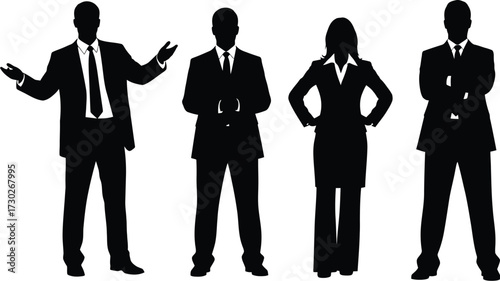 Four business people stand in silhouette, two men gesturing, a woman with hands on hips, and another man with arms crossed.