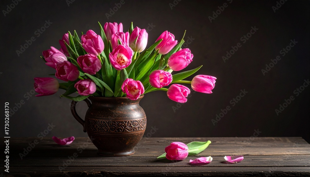 Naklejka premium 어두운 배경의 빈티지 꽃병 속 분홍 튤립 부케 Pink Tulip Bouquet in Vintage Vase on Dark Background