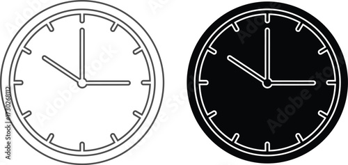 Two clock faces, one white outline and one solid black, showing the time at ten past twelve.