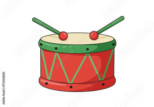 Festive Red Drum with Green Accents and Drumsticks.