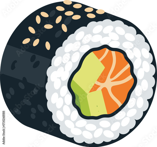A vector illustration of a sushi roll with salmon, avocado, rice, and seaweed, topped with sesame seeds.