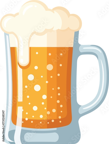 A cartoon-style illustration of a glass beer mug filled with golden beer and topped with overflowing white foam.