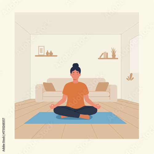 Woman meditating on a yoga mat in a living room, serene scene