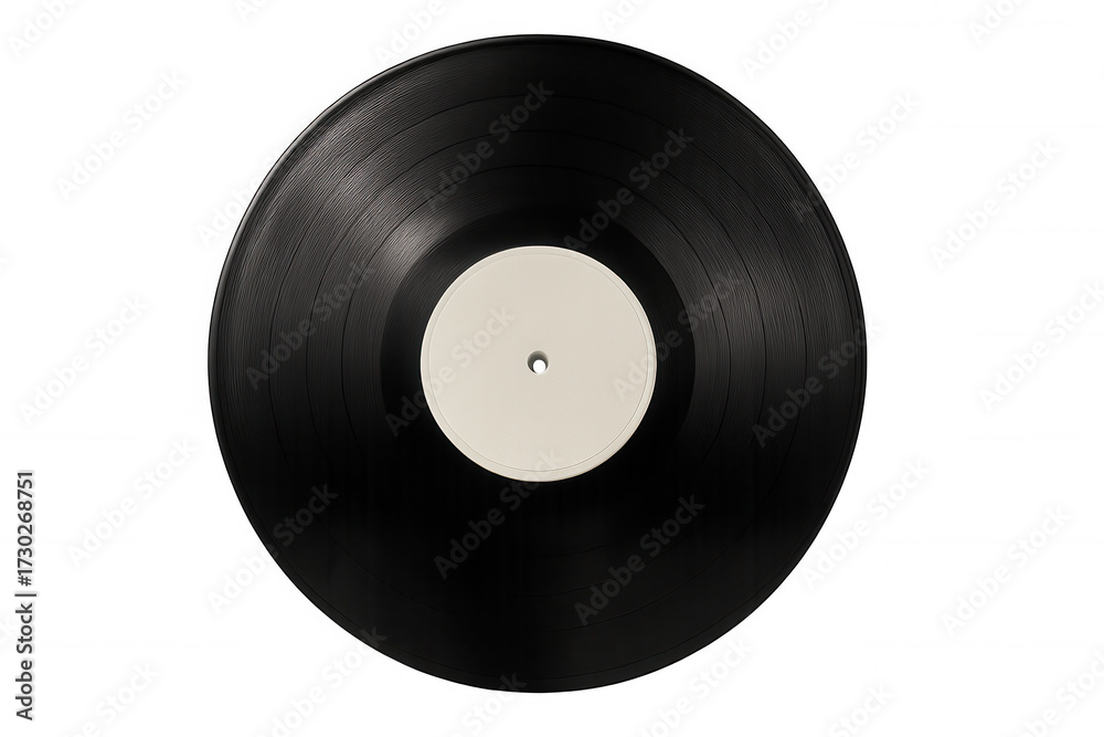 Obraz premium Black vinyl record with blank white label for custom text, featuring classic analog sound, isolated on transparent background