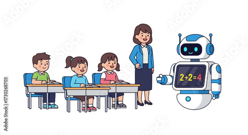 A cartoon illustration of a classroom scene with students, a teacher, and a robot presenting a math problem.