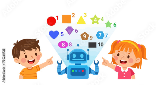 Happy children interacting with a friendly robot projecting educational shapes and numbers for early learning and development
