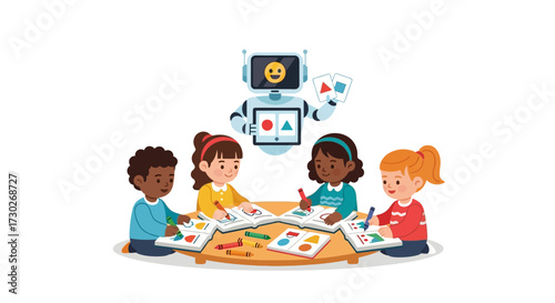 Kids' Learning Fun with a Robot Tutor Educational Activity Illustration