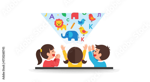 Children interact with a projection of animated letters and animals, fostering early learning and imagination