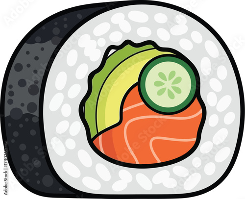 A cartoon illustration of a sushi roll, featuring salmon, avocado, and cucumber wrapped in rice and seaweed.