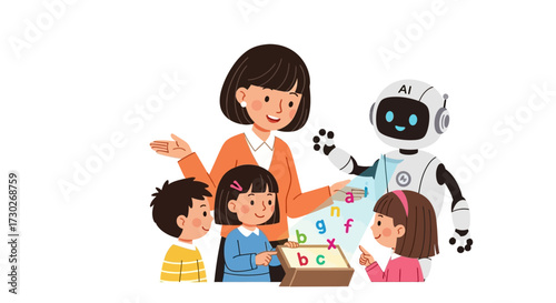 Innovative classroom scene with a female teacher and an AI robot co-teaching young children the alphabet on a digital tablet
