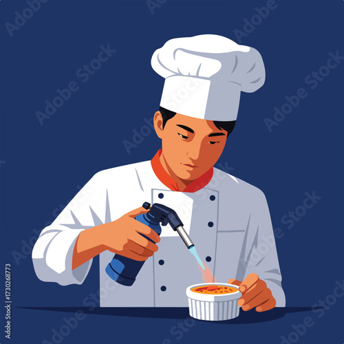Chef caramelizing crème brûlée with a torch, dark blue background, vector style
