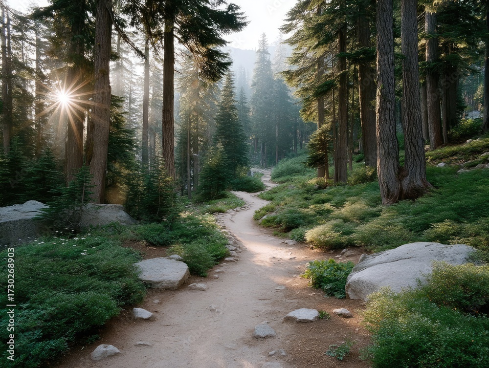 Obraz premium Sunlit Forest Trail Winding Through Lush Green Vegetation and Towering Trees