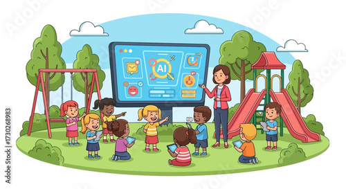 Teacher instructs diverse children about AI using a large interactive screen in a playground setting, with slides and swings visible.