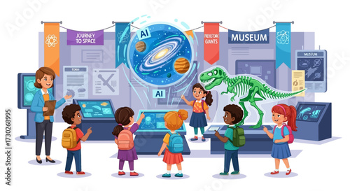 A teacher guides a diverse group of children on a field trip through a museum exhibit featuring space, dinosaurs, and interactive displays.