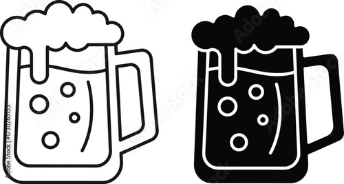 Two beer mugs, one in black and white outline and the other in solid black, both with frothy foam.