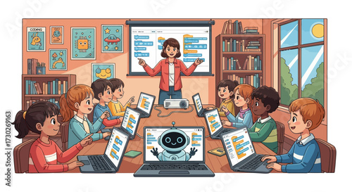 Children Learning Computer Programming and Coding with AI Robot in a Classroom