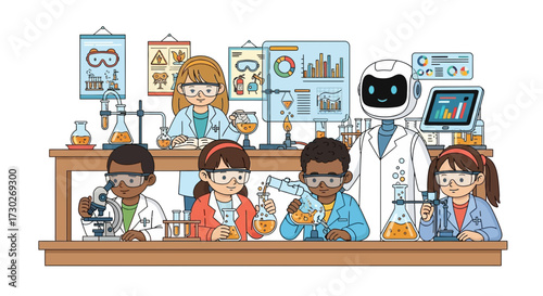 Young scientists and a friendly robot working together in a classroom, promoting STEM education and future technology