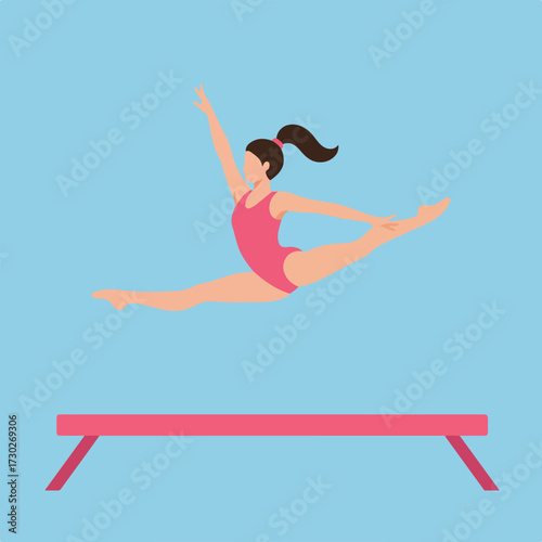 Gymnast leaps off balance beam, in pink leotard against a blue background