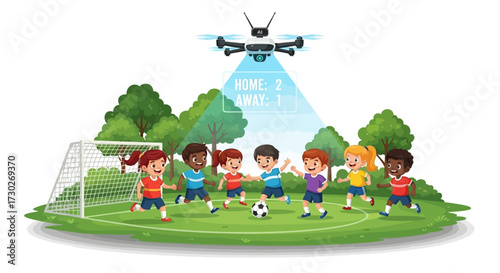 Futuristic children's soccer game with a referee drone displaying a holographic score above the green field