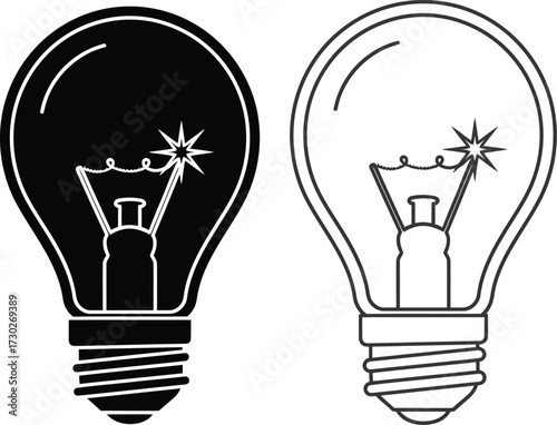 Two light bulbs, one filled in black and one outlined, both with a starburst effect.