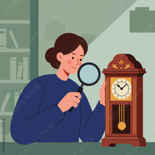 Person examines grandfather clock with a magnifying glass near books