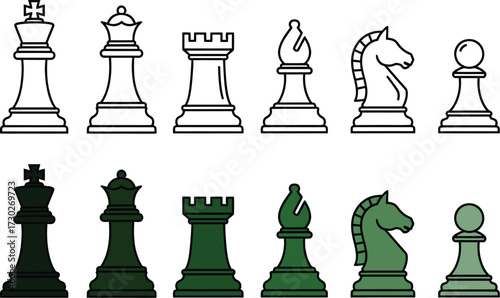 Illustration of a complete chess set with white and green pieces displayed in two rows, showcasing each chess piece type.